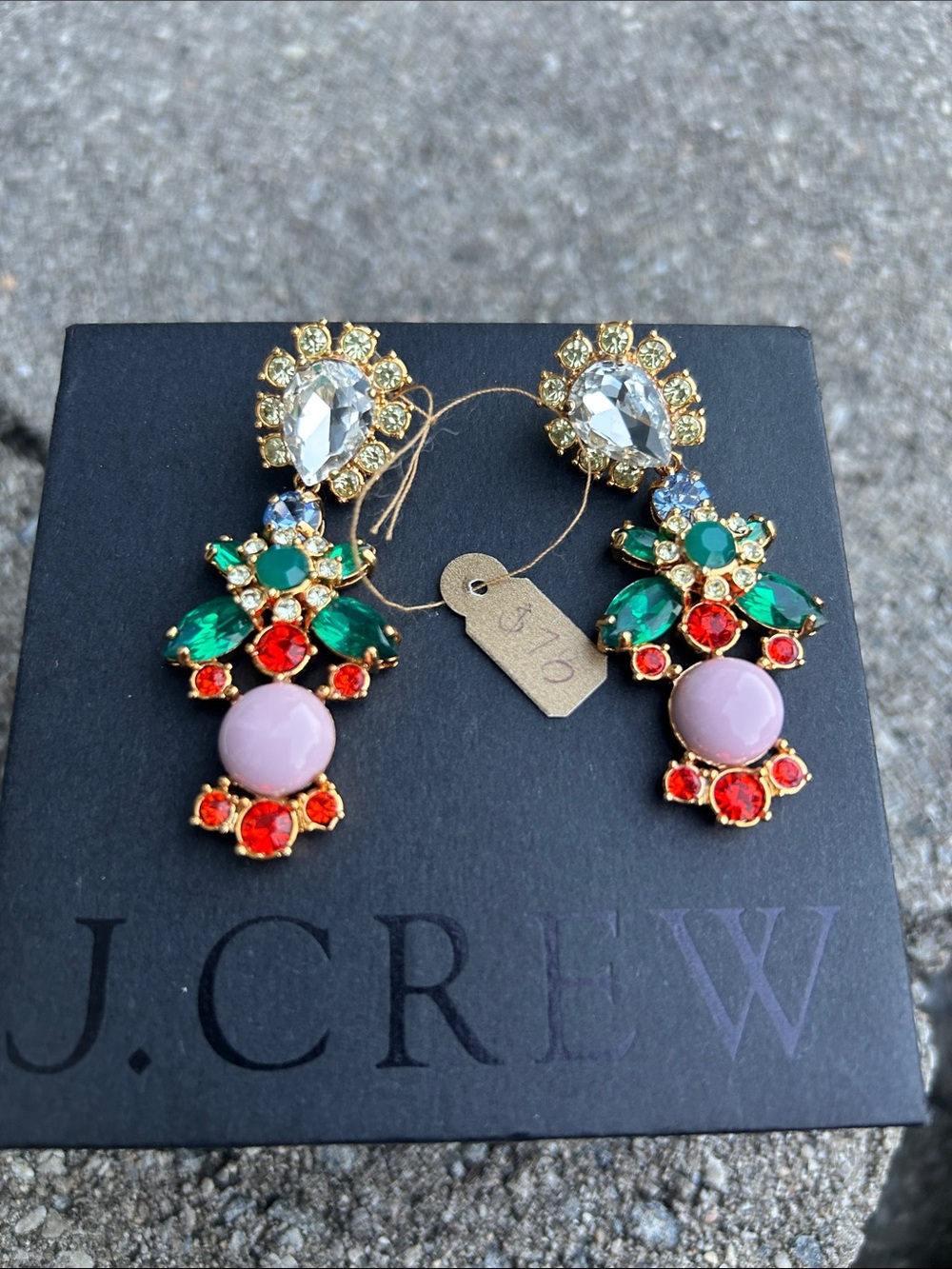 NWT J. Crew Crystal Color Green, Red, Pink and Clear Crystal Drop Earrings - Picture 1 of 5